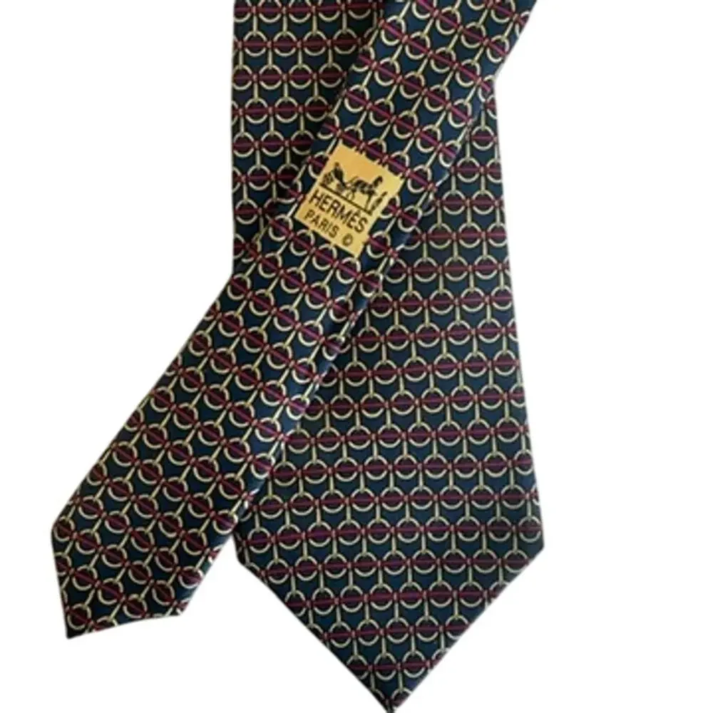 HERMÈS Paris Silk Tie Navy Geometric Horsebit‎ Print 7156 FA Made in France